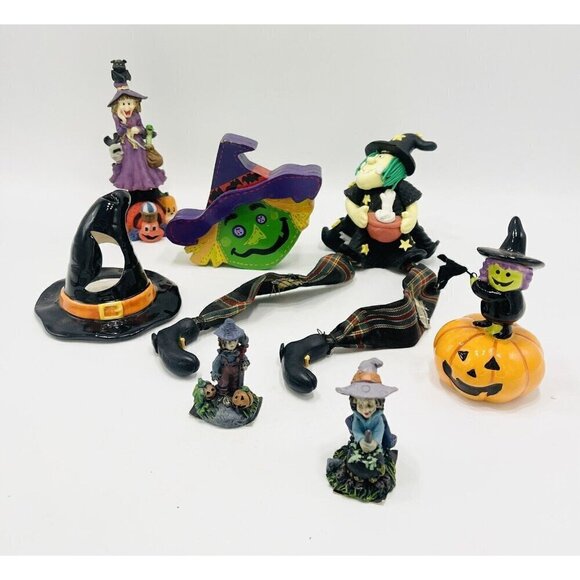 Lot Of 7 Witches Figurines Tealight Holder Hat Halloween Decor - Picture 1 of 9